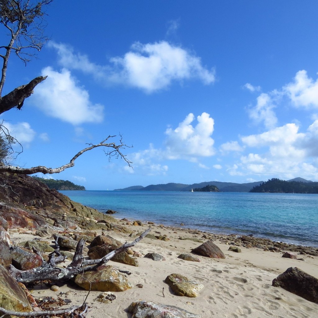 Hideaway Bay Hamilton Island main beach, with calm water, watersports and easy access from the resort side of the island.